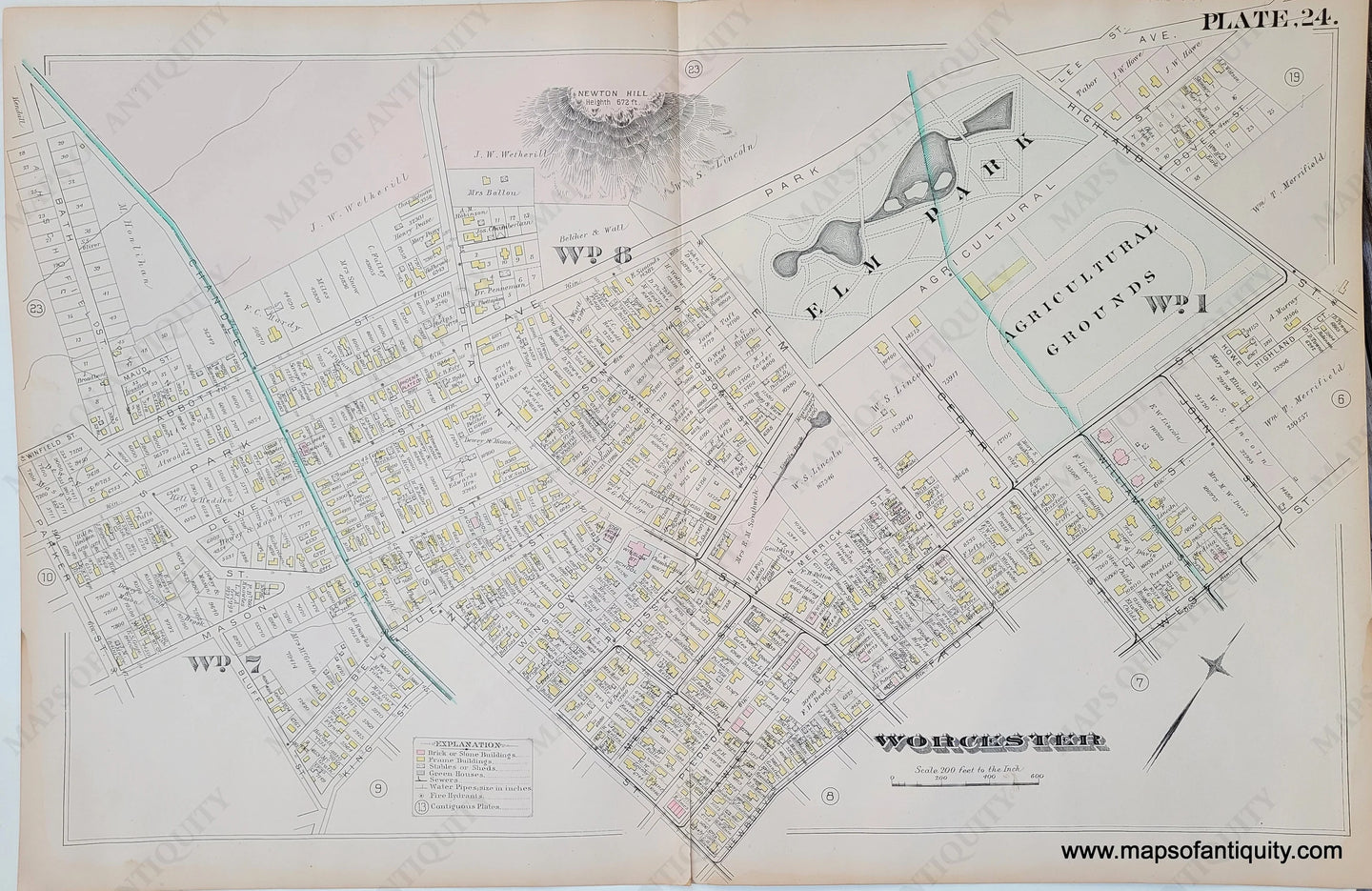 Genuine-Antique-Map-City-of-Worcester-Plate-24--1886-Hopkins-Maps-Of-Antiquity