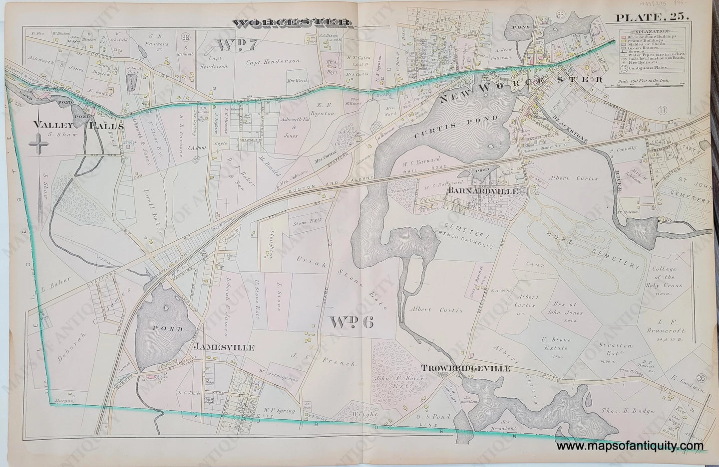 Genuine-Antique-Map-City-of-Worcester-Plate-25--1886-Hopkins-Maps-Of-Antiquity