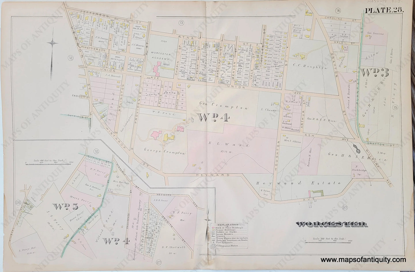 Genuine-Antique-Map-City-of-Worcester-Plate-28--1886-Hopkins-Maps-Of-Antiquity