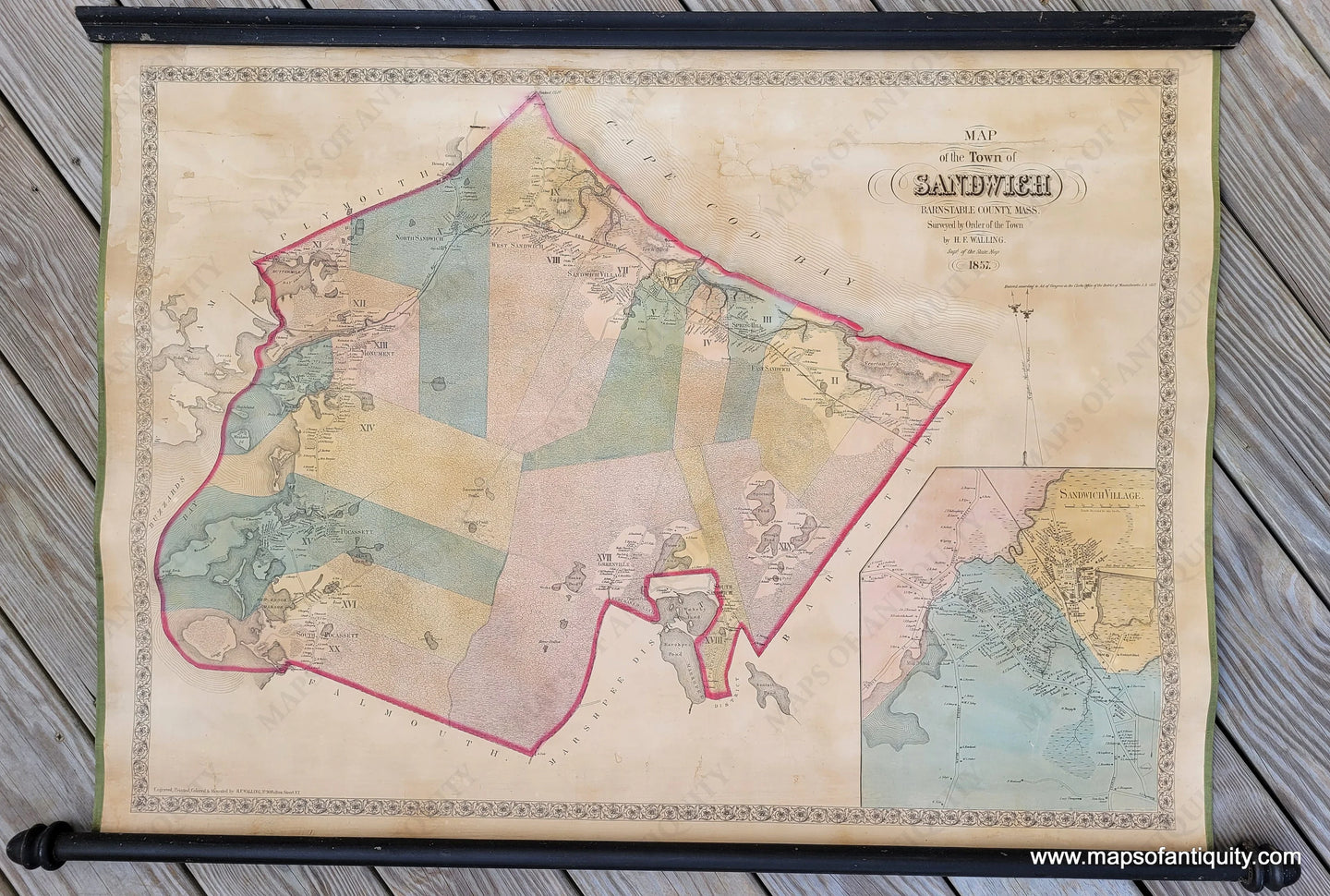 Antique-Map-of-the-Town-of-Sandwich-Barnstable-County-Mass-MA-Massachusetts-1857-Walling-1800s-19th-century-maps-of-Antiquity-rare-collectible-Cape-Cod