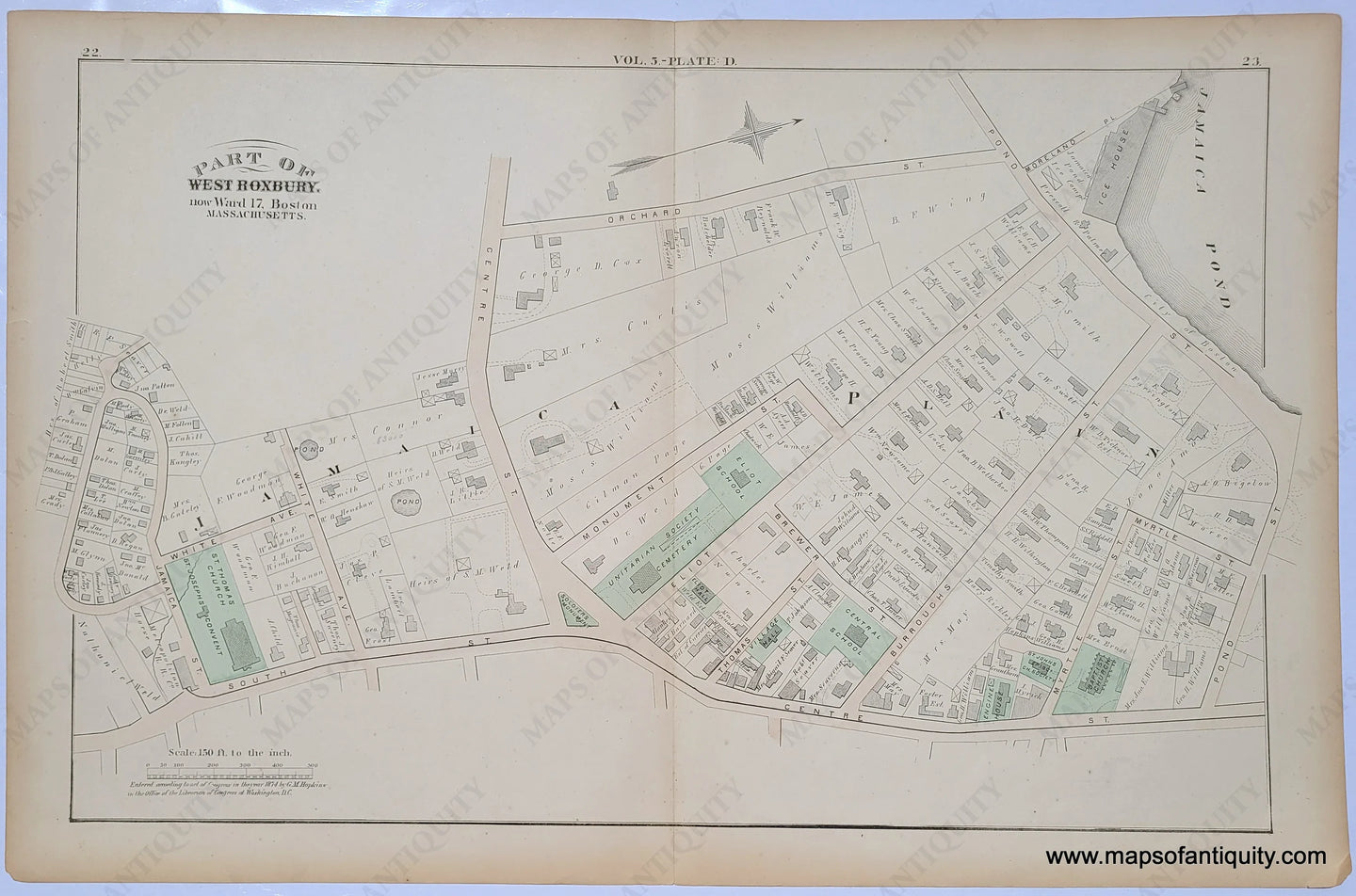 Genuine-Antique-Map--Jamaica-Plain-near-the-Soldiers-Monument-Part-of-West-Roxbury-now-Ward-17-Boston-1874-Hopkins-Maps-Of-Antiquity