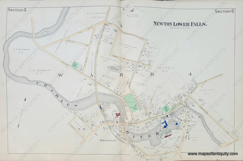 Genuine-Antique-Map-Newton-Lower-Falls-MA-Section-Q-1886-Beers-Maps-Of-Antiquity