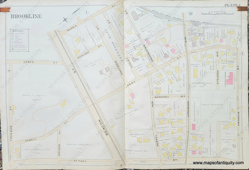 Genuine-Antique-Map-Plate-2-Brookline-Mass--1893-Richards-Maps-Of-Antiquity