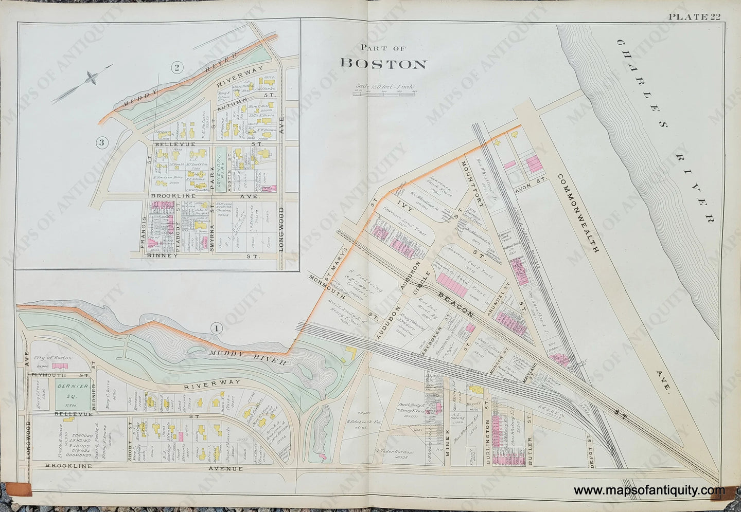 Genuine-Antique-Map-Plate-22-Brookline-Mass--1893-Richards-Maps-Of-Antiquity