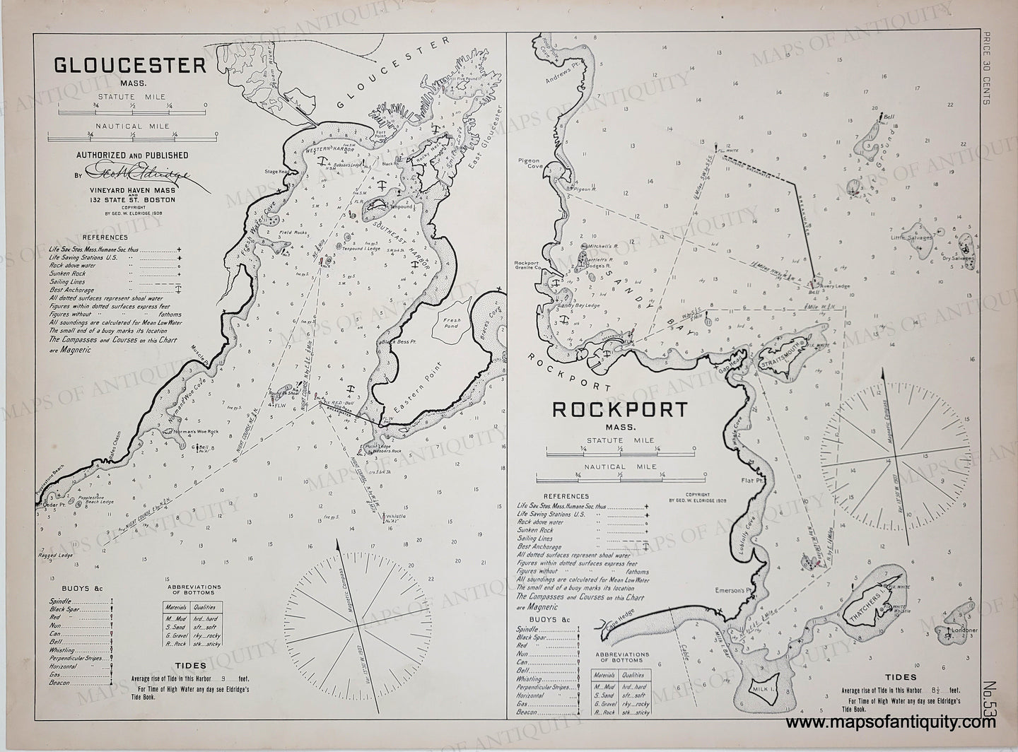 Antique black and white map of Gloucester and Rockport, Massachusetts with navigational details. The page is divided vertically with a chart of Gloucester harbor on the left and Rockport on the right. Black-and-White-Antique--Nautical-Chart-Gloucester-and-Rockport-Massachusetts-Massachusetts-Gloucester-1908-Eldridge-Maps-Of-Antiquity