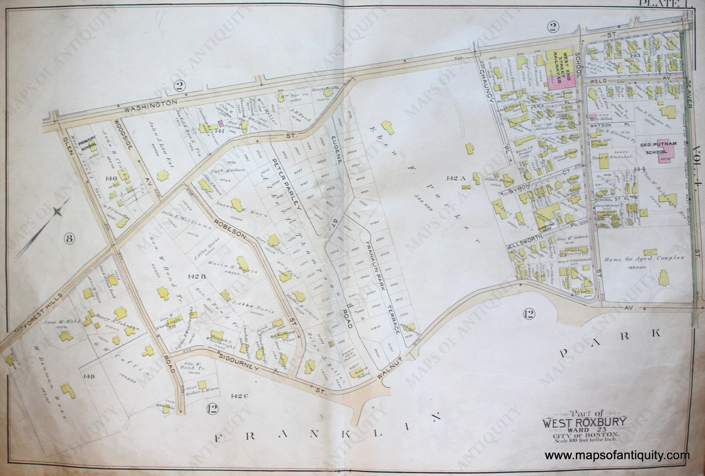 Genuine-Antique-Map-Plate-1-Part-of-West-Roxbury-City-of-Boston-1890-Bromley-Maps-Of-Antiquity