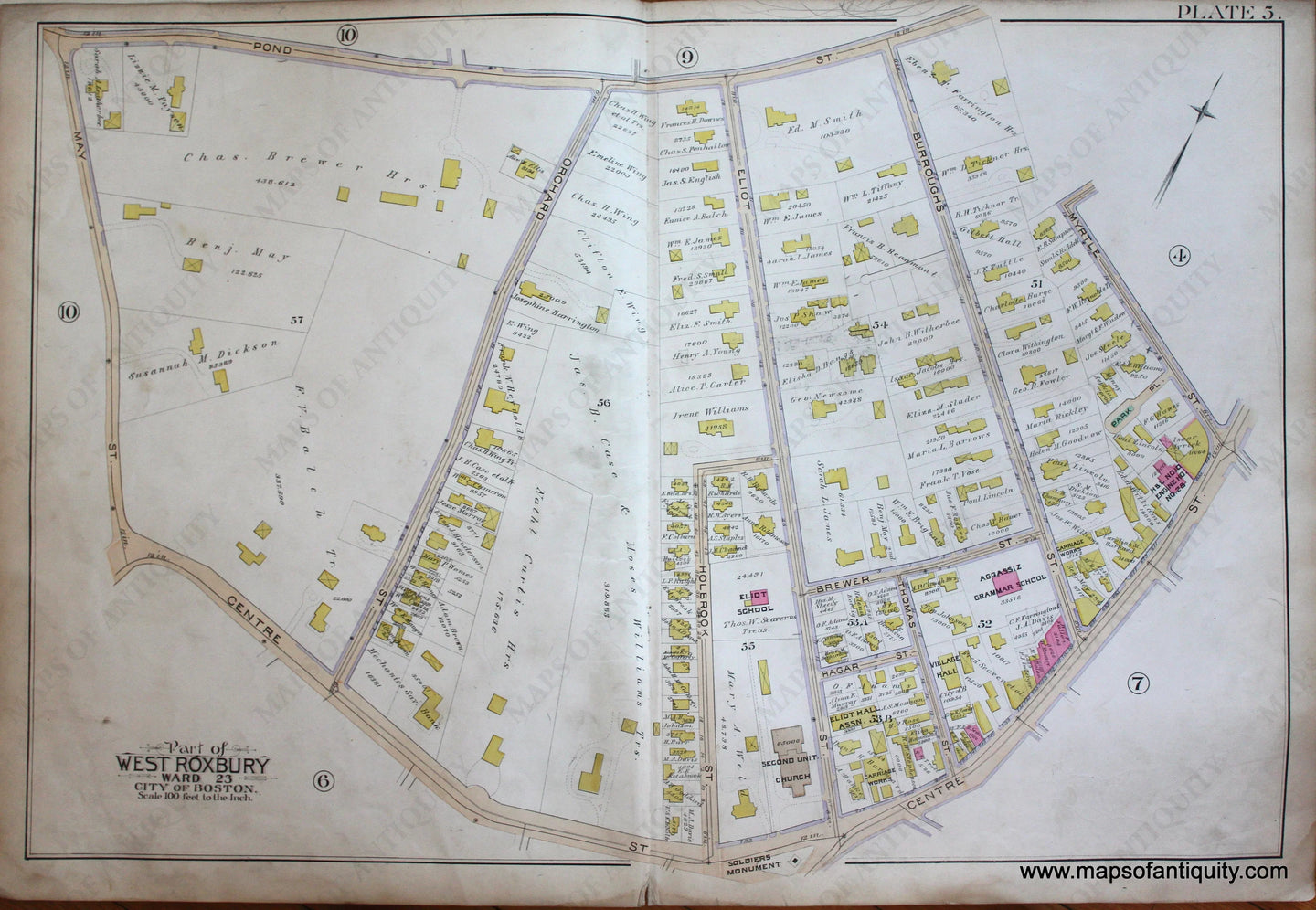 Genuine-Antique-Map-Plate-5-Part-of-West-Roxbury-City-of-Boston-1890-Bromley-Maps-Of-Antiquity