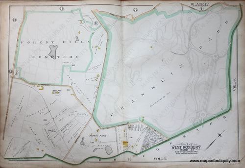 Genuine-Antique-Map-Plate-12-Part-of-West-Roxbury-City-of-Boston-1890-Bromley-Maps-Of-Antiquity