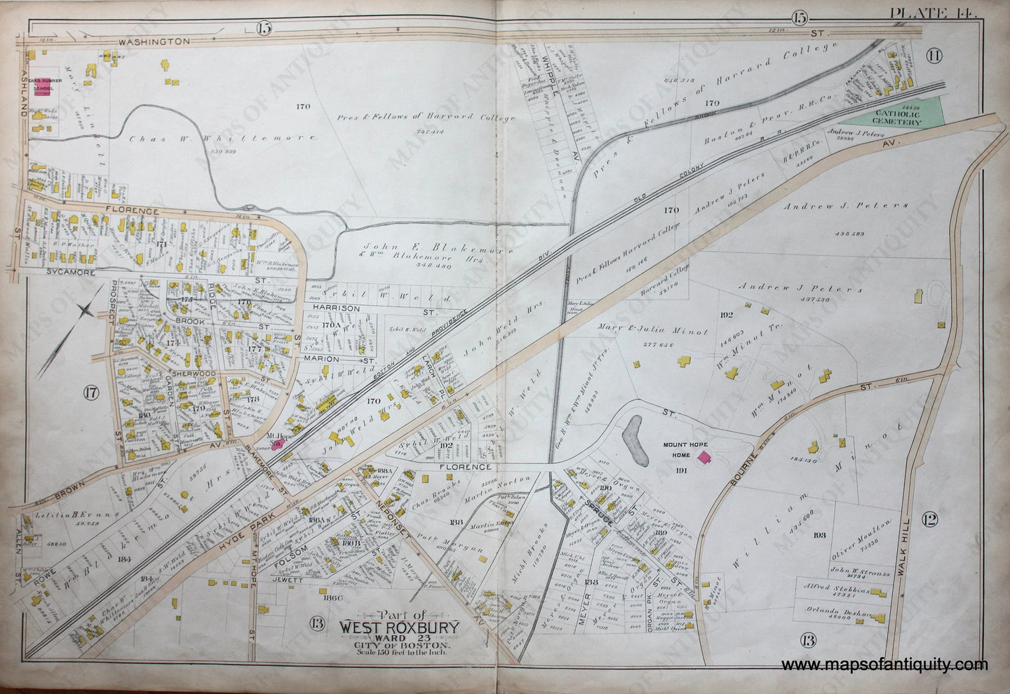 Genuine-Antique-Map-Plate-14-Part-of-West-Roxbury-City-of-Boston-1890-Bromley-Maps-Of-Antiquity