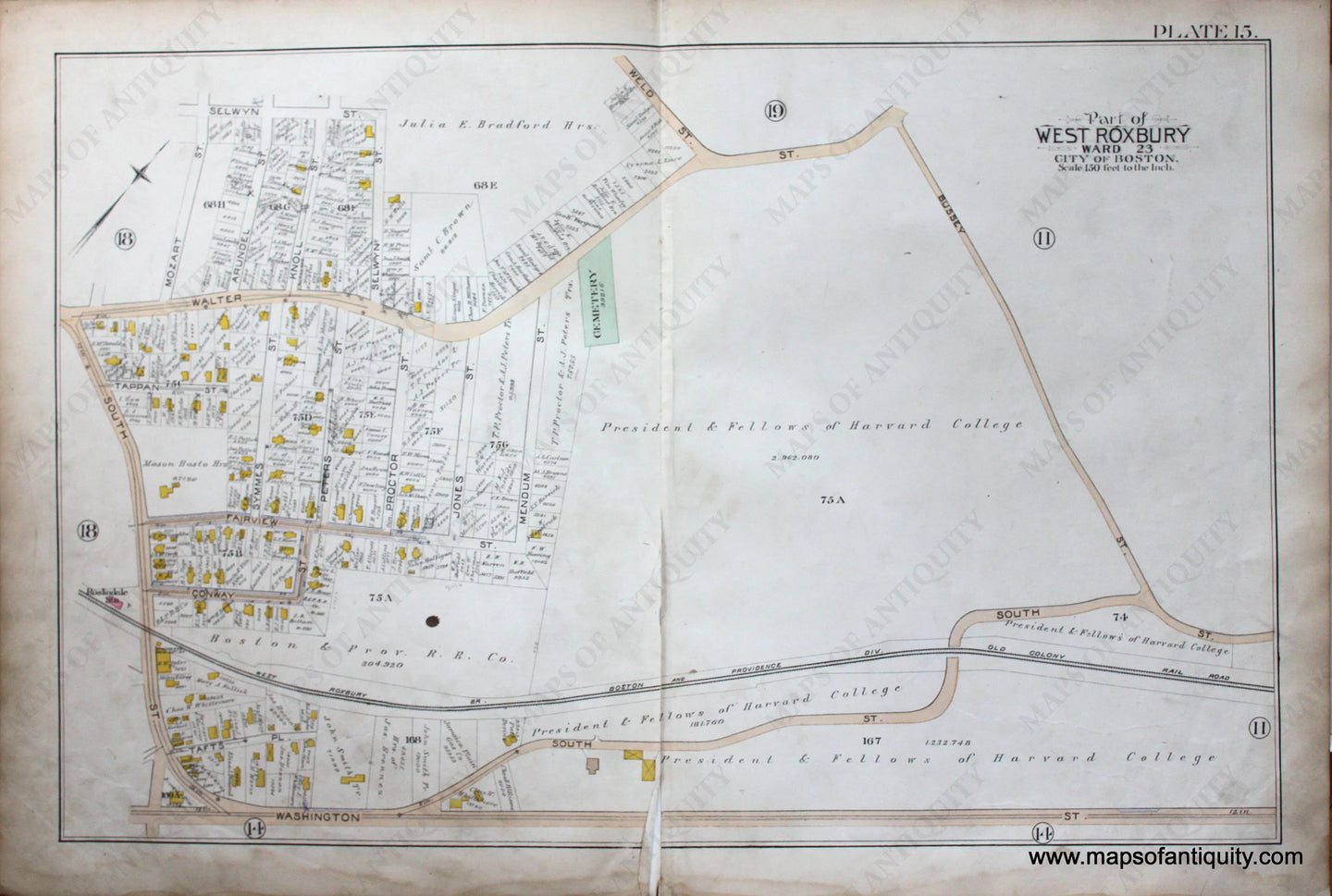 Genuine-Antique-Map-Plate-15-Part-of-West-Roxbury-City-of-Boston-1890-Bromley-Maps-Of-Antiquity