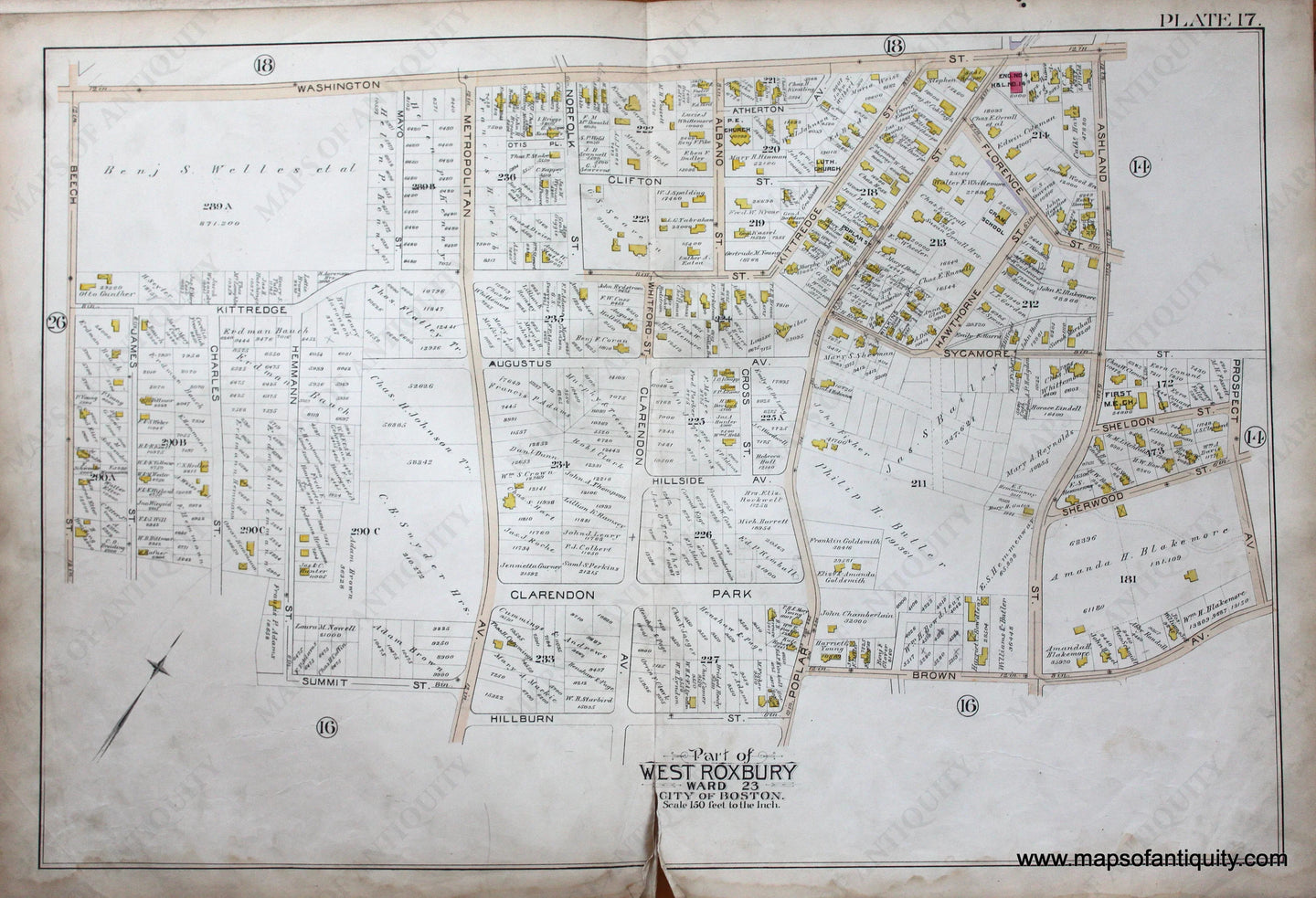 Genuine-Antique-Map-Plate-17-Part-of-West-Roxbury-City-of-Boston-1890-Bromley-Maps-Of-Antiquity