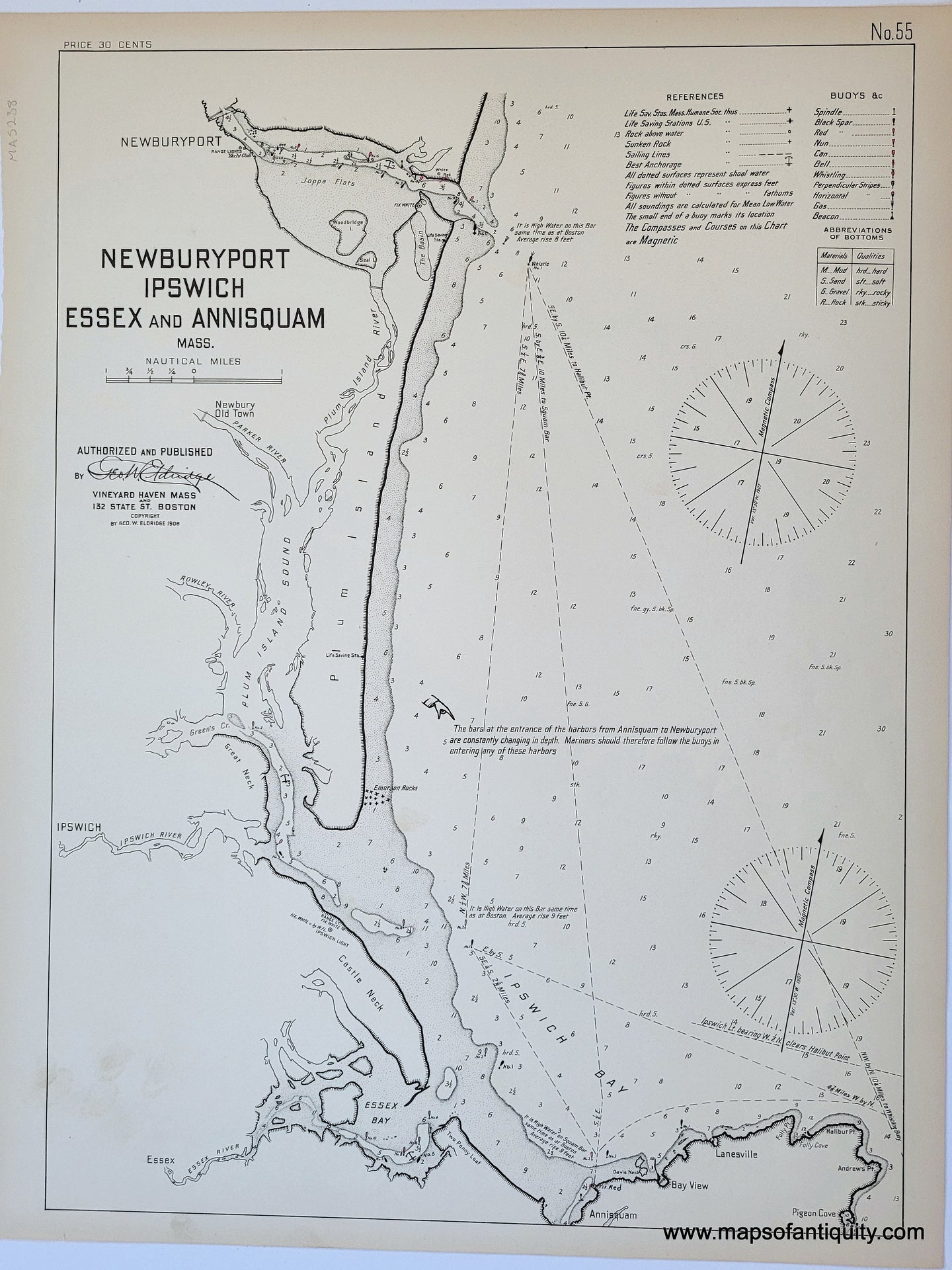Antique-Map--Nautical-Harbor-Sailing-Chart-Newburyport-Ipswich-Essex-and-Annisquam-Mass.-Massachusetts-1908-Eldridge-Maps-of-Antiquity
