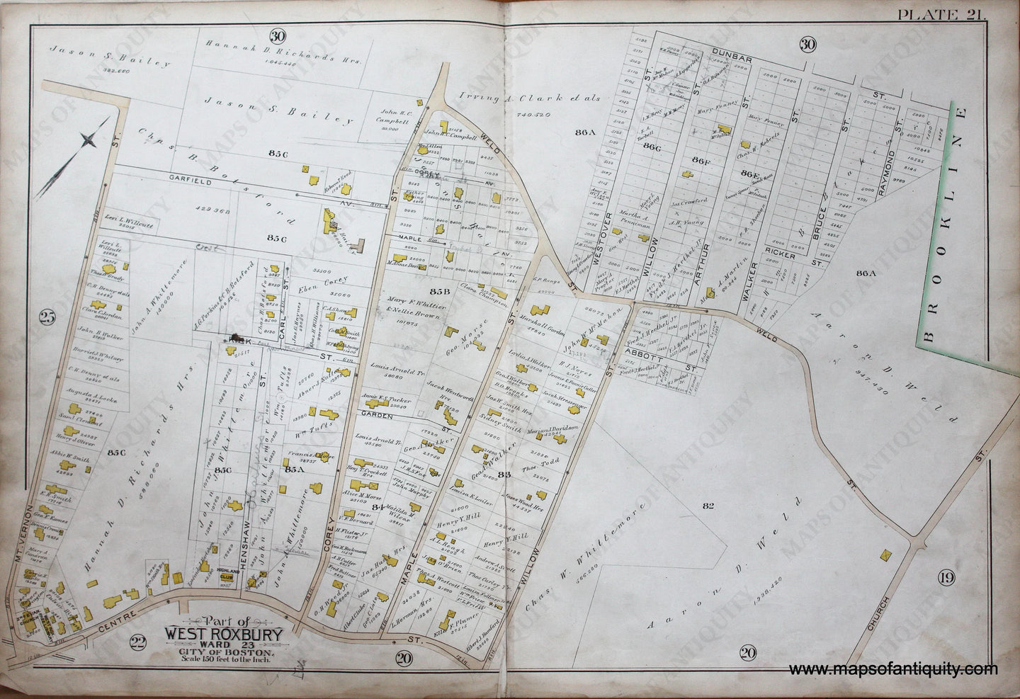 Genuine-Antique-Map-Plate-21-Part-of-West-Roxbury-City-of-Boston-1890-Bromley-Maps-Of-Antiquity