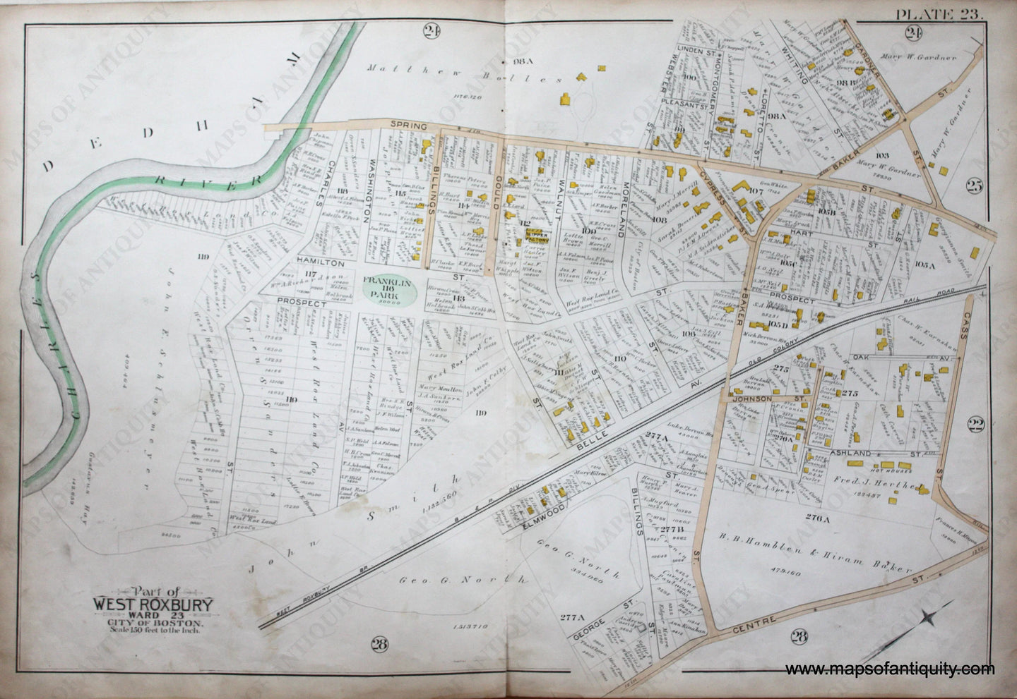 Genuine-Antique-Map-Plate-23-Part-of-West-Roxbury-City-of-Boston-1890-Bromley-Maps-Of-Antiquity