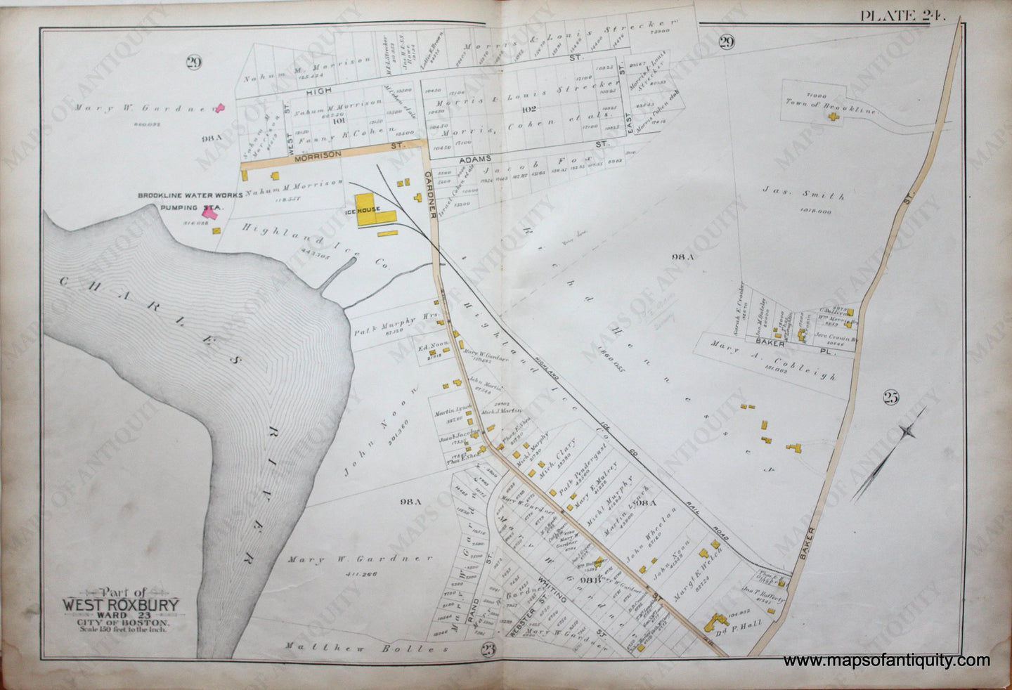 Genuine-Antique-Map-Plate-24-Part-of-West-Roxbury-City-of-Boston-1890-Bromley-Maps-Of-Antiquity