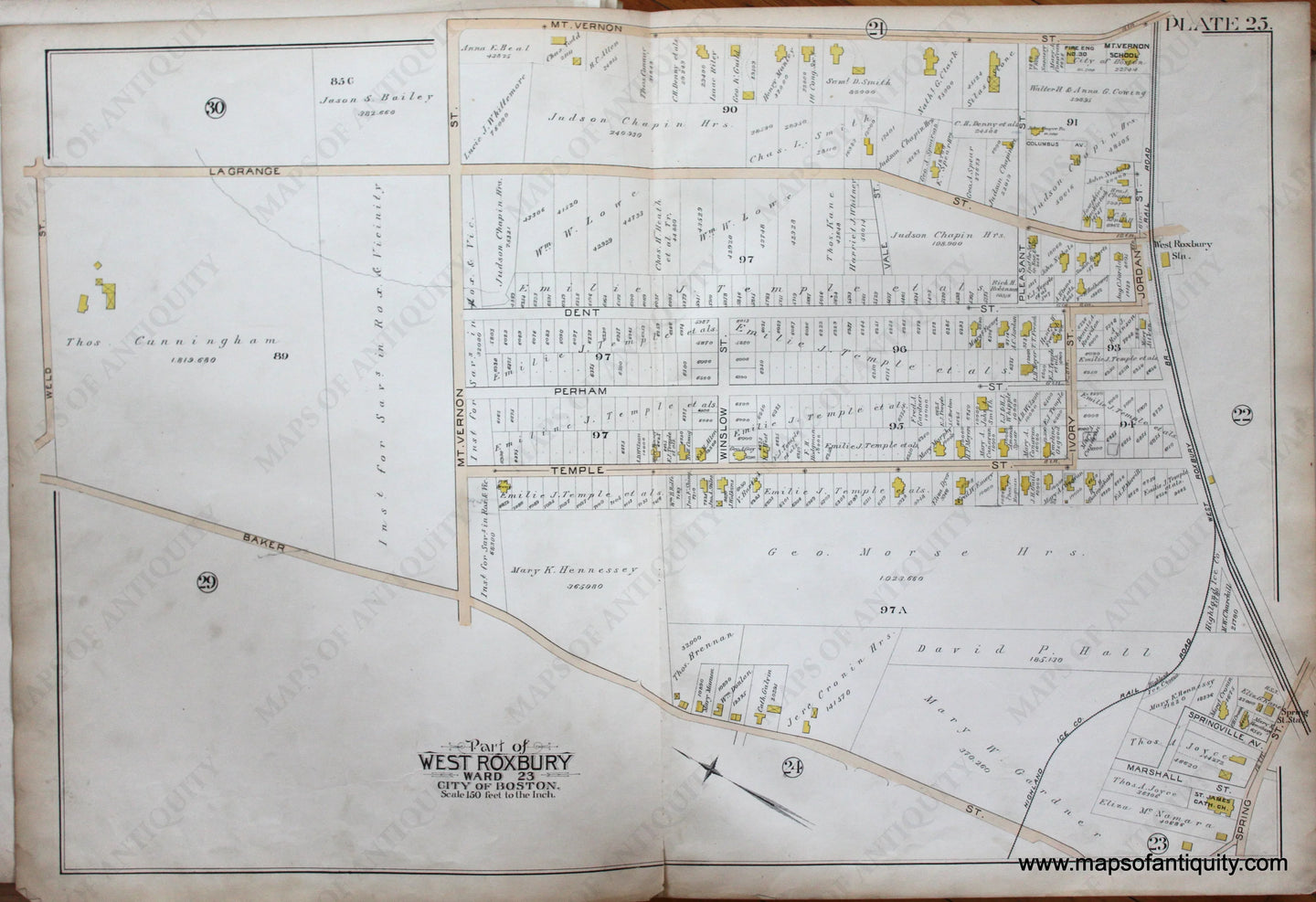 Genuine-Antique-Map-Plate-25-Part-of-West-Roxbury-City-of-Boston-1890-Bromley-Maps-Of-Antiquity