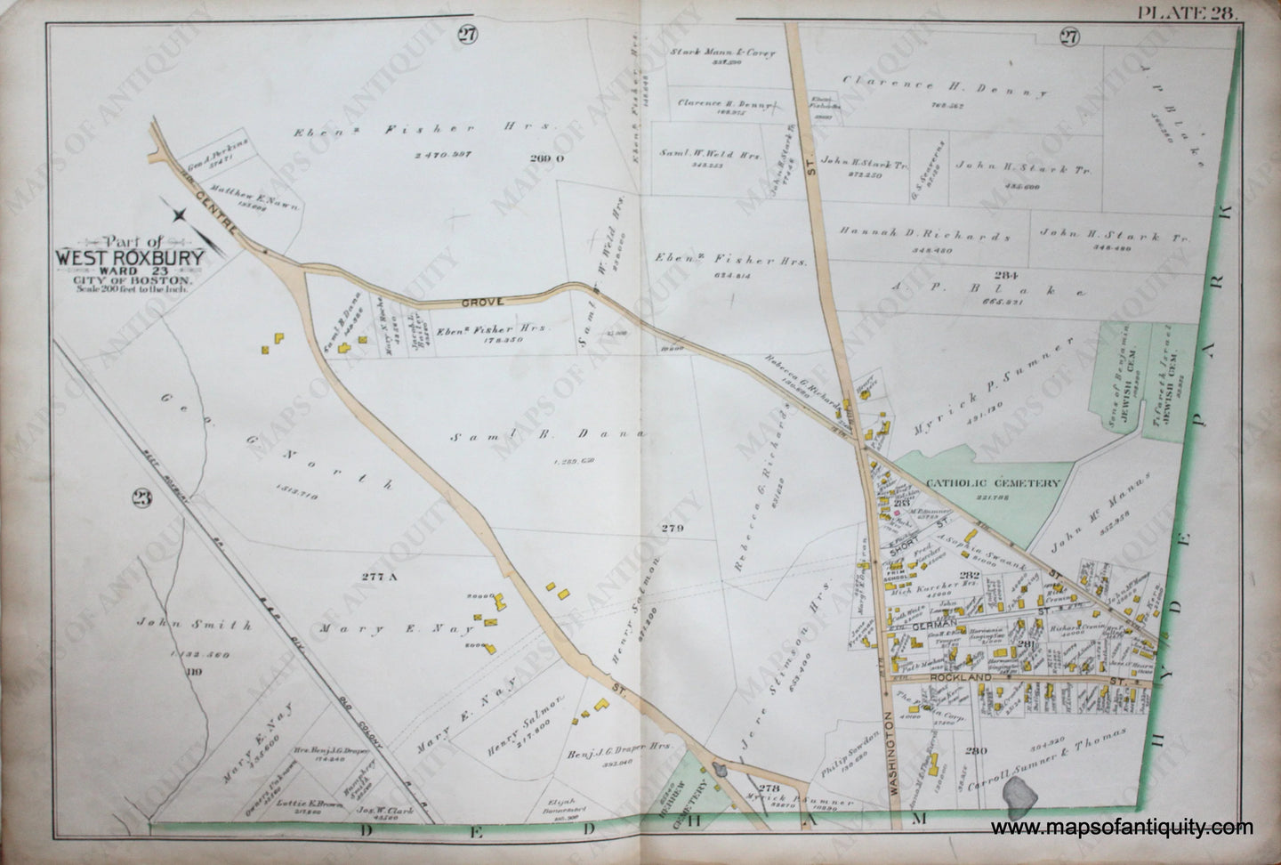 Genuine-Antique-Map-Plate-28-Part-of-West-Roxbury-City-of-Boston-1890-Bromley-Maps-Of-Antiquity