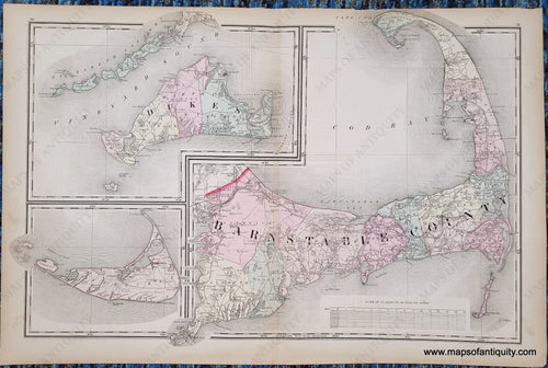 Antique map of Cape Cod, also known as Barnstable County, with the islands of Martha’s Vineyard and Nantucket on the left side of the page, colored by town in antique tones of pink, green, yellow, peach, and showing railroads, towns, villages, etc. Published in 1871.