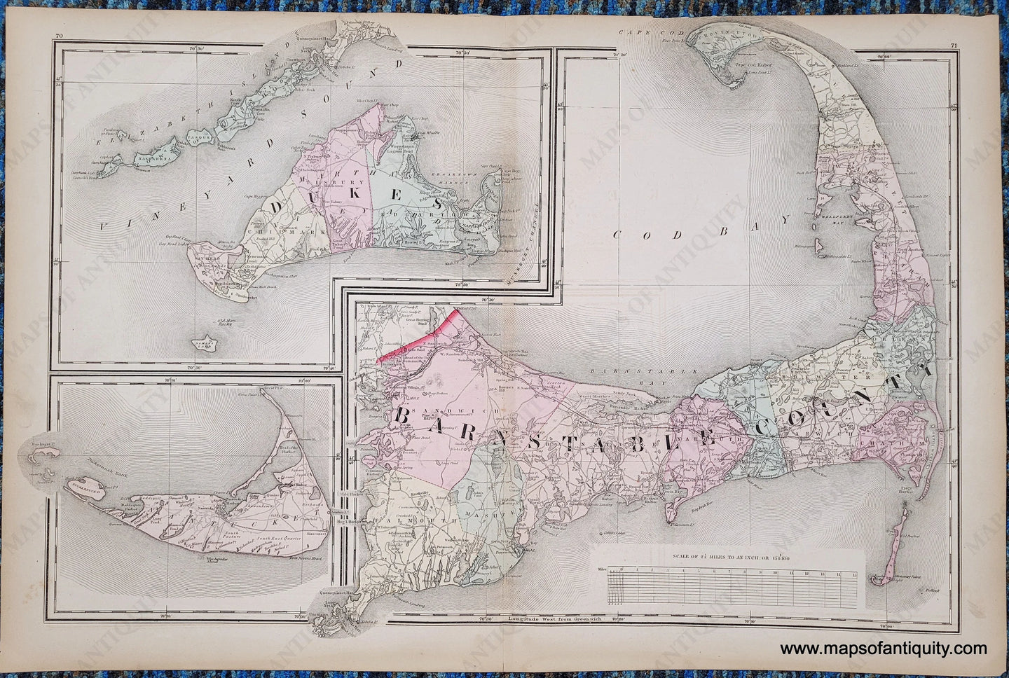 Antique map of Cape Cod, also known as Barnstable County, with the islands of Martha’s Vineyard and Nantucket on the left side of the page, colored by town in antique tones of pink, green, yellow, peach, and showing railroads, towns, villages, etc. Published in 1871.