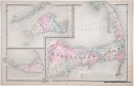 Antique map of Cape Cod, Martha's Vineyard, and Nantucket with hand-coloring by town, from 1871. Original subtle colors of green, pink, yellow, orange.