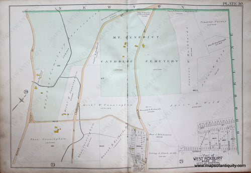 Genuine-Antique-Map-Plate-30-Part-of-West-Roxbury-City-of-Boston-1890-Bromley-Maps-Of-Antiquity