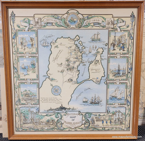 Antique map showing the town of Marblehead, Massachusetts, at center with illustrations of notable buildings and notable ships in the sea. Surrounding the map are scenes historical events and local industries like fishing. Colors of buttery light yellow, green, and light blue. Decorative scrollwork, fishes, lobsters, and the town seal. Framed in a vintage medium-tone wood frame