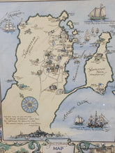 Load image into Gallery viewer, Antique map showing the town of Marblehead, Massachusetts, at center with illustrations of notable buildings and notable ships in the sea. Surrounding the map are scenes historical events and local industries like fishing. Colors of buttery light yellow, green, and light blue. Decorative scrollwork, fishes, lobsters, and the town seal. Framed in a vintage medium-tone wood frame
