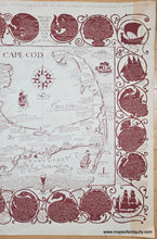 Load image into Gallery viewer, Map of Cape Cod with decorative borders and ship illustrations in a cranberry red color. 
