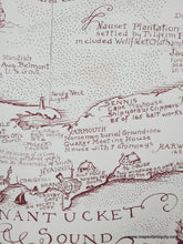 Load image into Gallery viewer, Map of Cape Cod with decorative borders and ship illustrations in a cranberry red color. 
