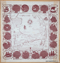 Load image into Gallery viewer, Map of Cape Cod with decorative borders and ship illustrations in a cranberry red color. 
