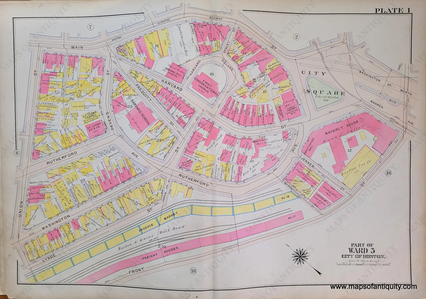 Genuine-Antique-Map-Plate-1-Charlestown---Part-of-Ward-5-City-of-Boston-Boston-Ward-Maps--1912-Bromley-Maps-Of-Antiquity-1800s-19th-century