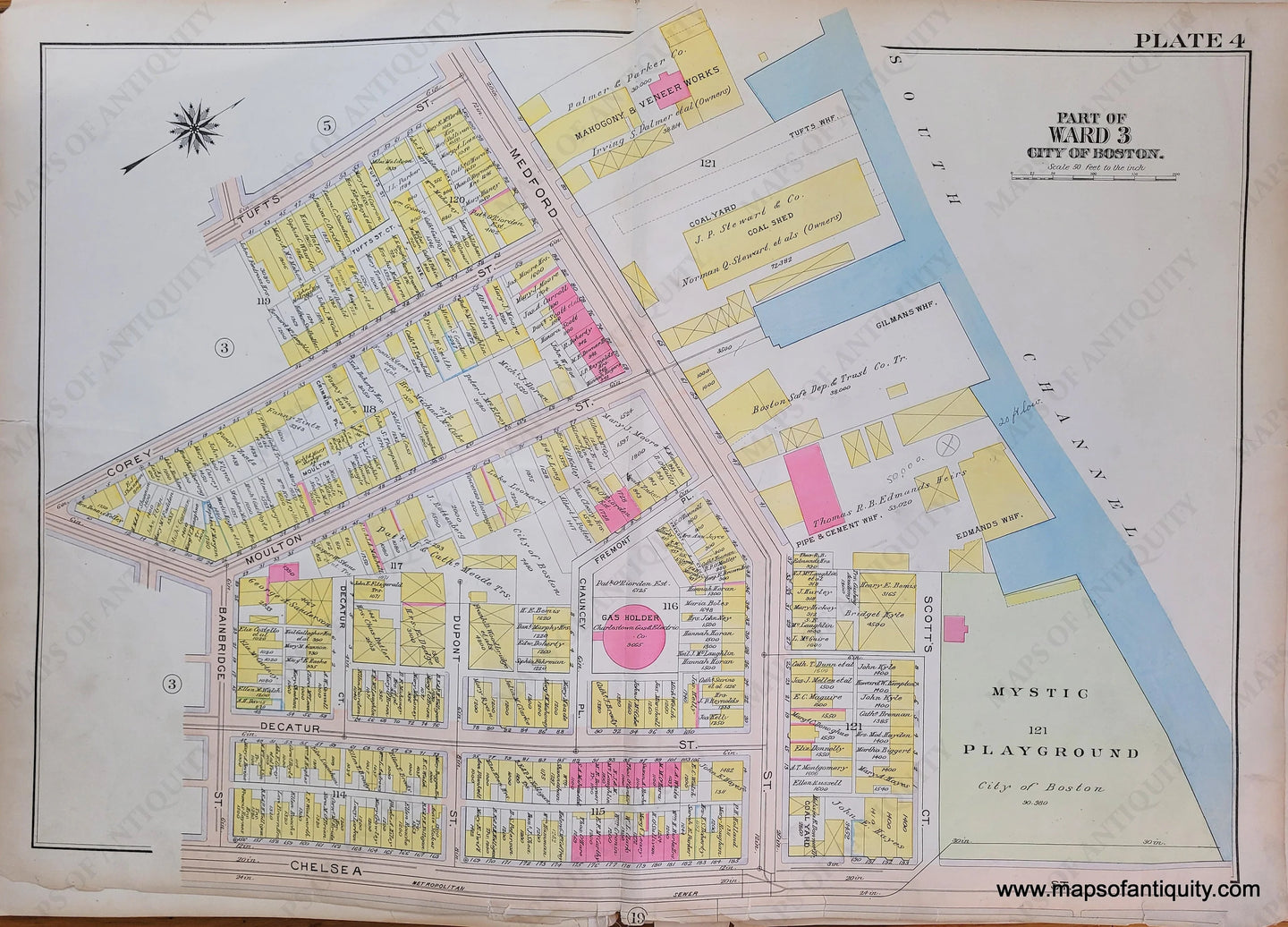 Genuine-Antique-Map-Plate-4-Charlestown---Part-of-Ward-3-City-of-Boston-Boston-Ward-Maps--1912-Bromley-Maps-Of-Antiquity-1800s-19th-century