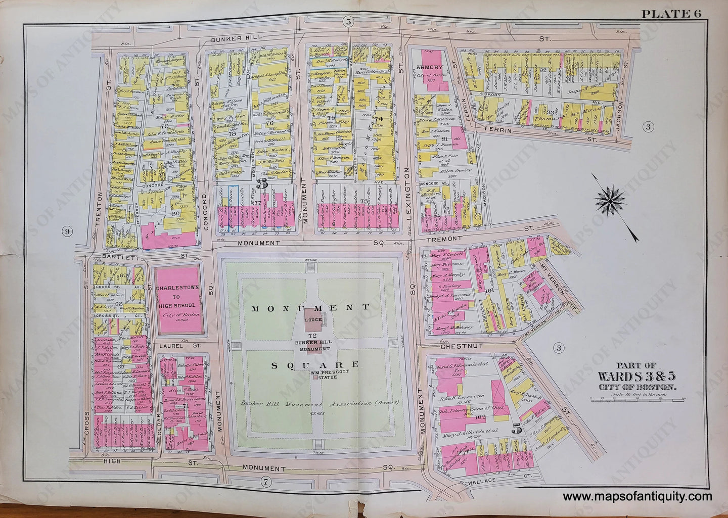 Genuine-Antique-Map-Plate-6-Charlestown---Part-of-Wards-3-5-City-of-Boston-Boston-Ward-Maps--1912-Bromley-Maps-Of-Antiquity-1800s-19th-century