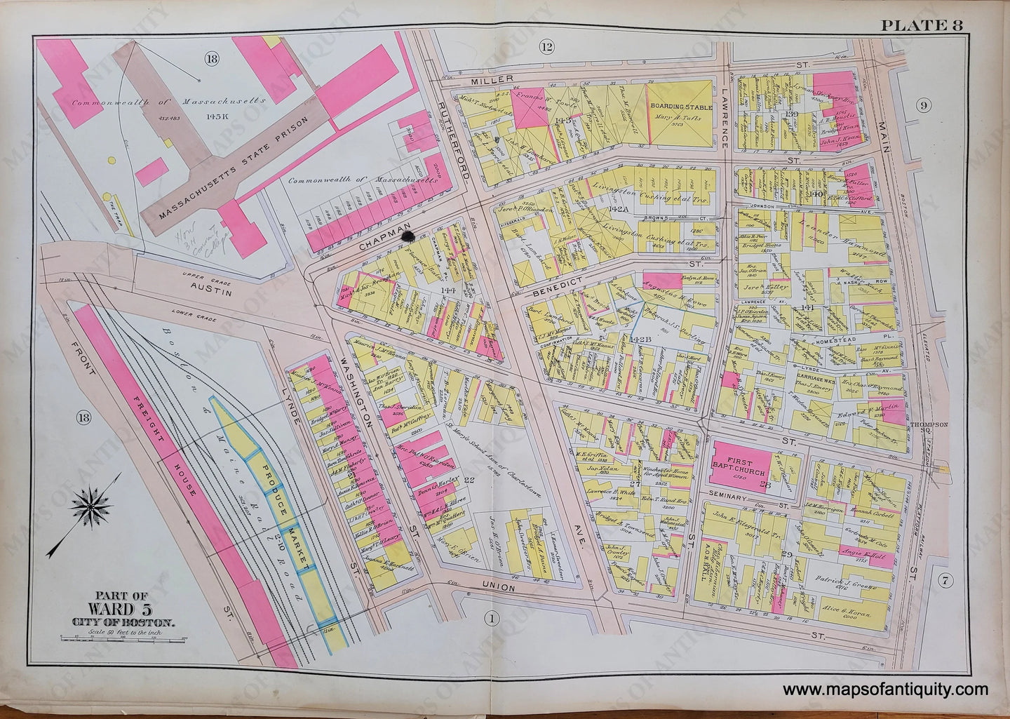 Genuine-Antique-Map-Plate-8-Charlestown---Part-of-Ward-5-City-of-Boston-Boston-Ward-Maps--1912-Bromley-Maps-Of-Antiquity-1800s-19th-century