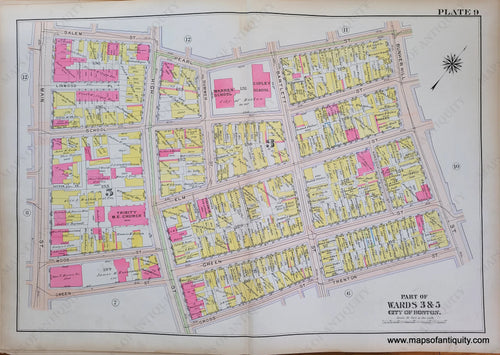 Genuine-Antique-Map-Plate-9-Charlestown---Part-of-Wards-3-5-City-of-Boston-Boston-Ward-Maps--1912-Bromley-Maps-Of-Antiquity-1800s-19th-century