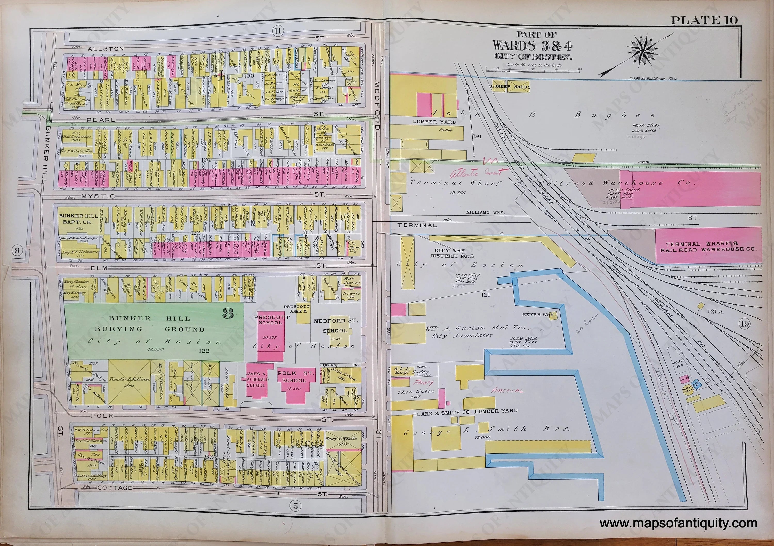 1912 Genuine Antique Map Plate 10, Charlestown - Part of Wards 3 & 4 ...