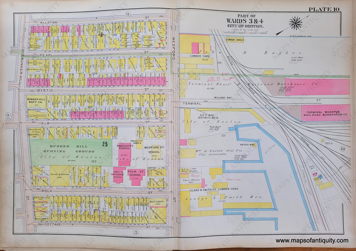 Genuine-Antique-Map-Plate-10-Charlestown---Part-of-Wards-3-4-City-of-Boston-Boston-Ward-Maps--1912-Bromley-Maps-Of-Antiquity-1800s-19th-century