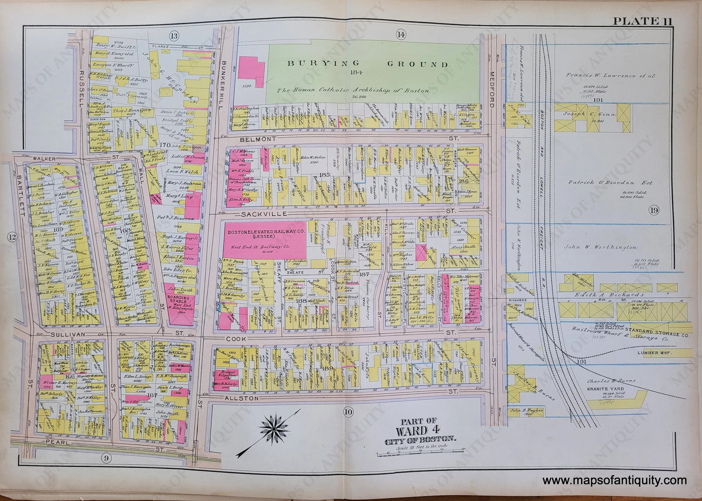 Genuine-Antique-Map-Plate-11-Charlestown---Part-of-Ward-4-City-of-Boston-Boston-Ward-Maps--1912-Bromley-Maps-Of-Antiquity-1800s-19th-century