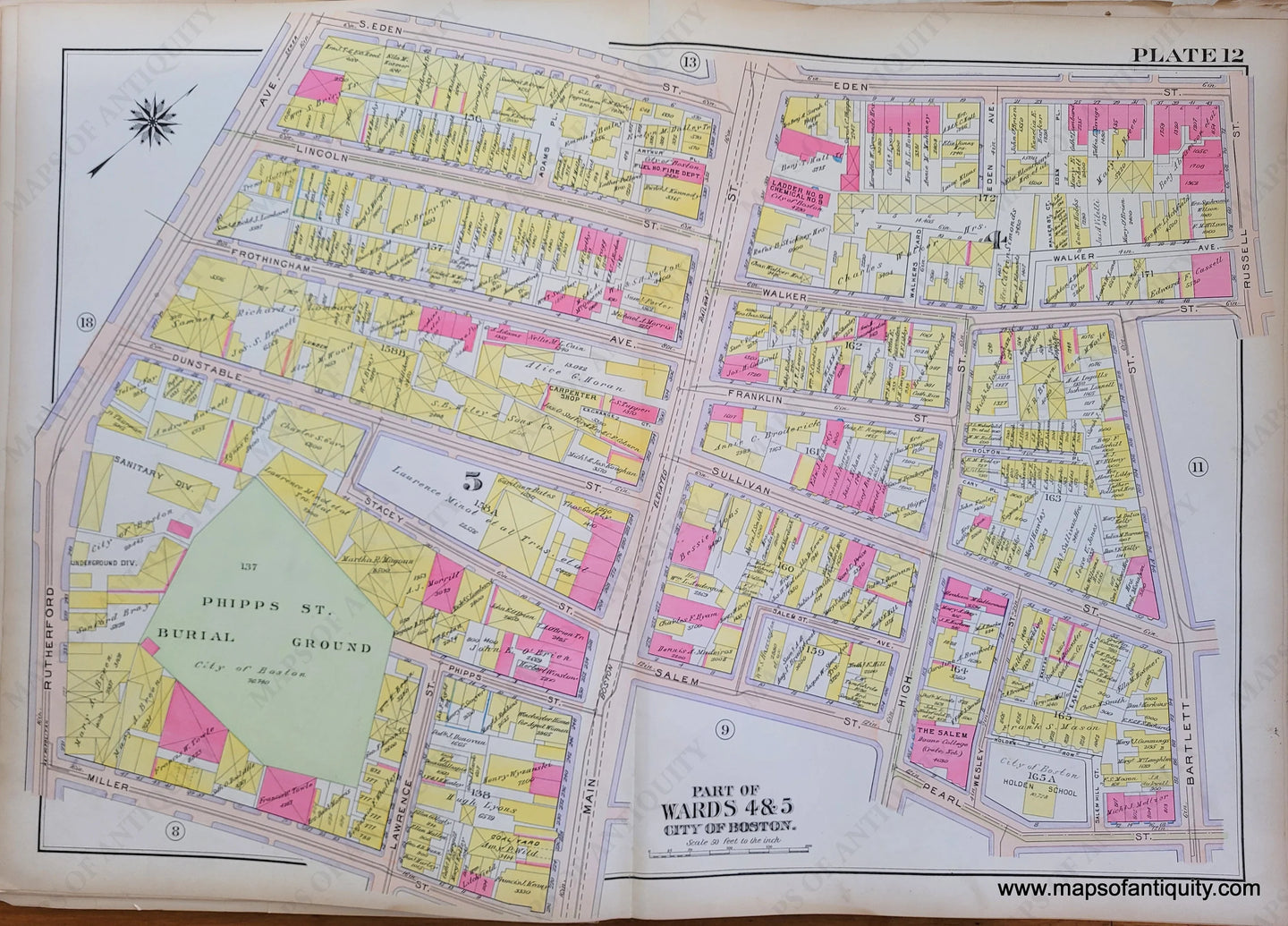 Genuine-Antique-Map-Plate-12-Charlestown---Part-of-Wards-4-5-City-of-Boston-Boston-Ward-Maps--1912-Bromley-Maps-Of-Antiquity-1800s-19th-century