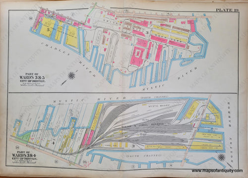 Genuine-Antique-Map-Plate-19-Charlestown---Two-maps-Part-of-Wards-3-5-Part-of-Wards-3-4-City-of-Boston-Boston-Ward-Maps--1912-Bromley-Maps-Of-Antiquity-1800s-19th-century