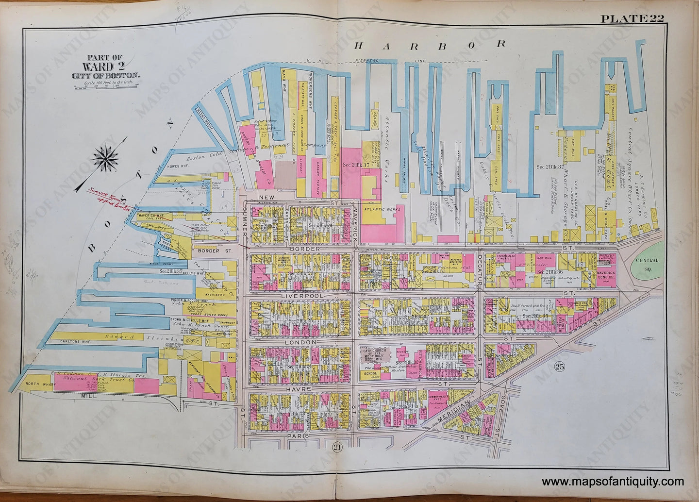 Genuine-Antique-Map-Plate-22-East-Boston---Part-of-Ward-2-City-of-Boston-Boston-Ward-Maps--1912-Bromley-Maps-Of-Antiquity-1800s-19th-century