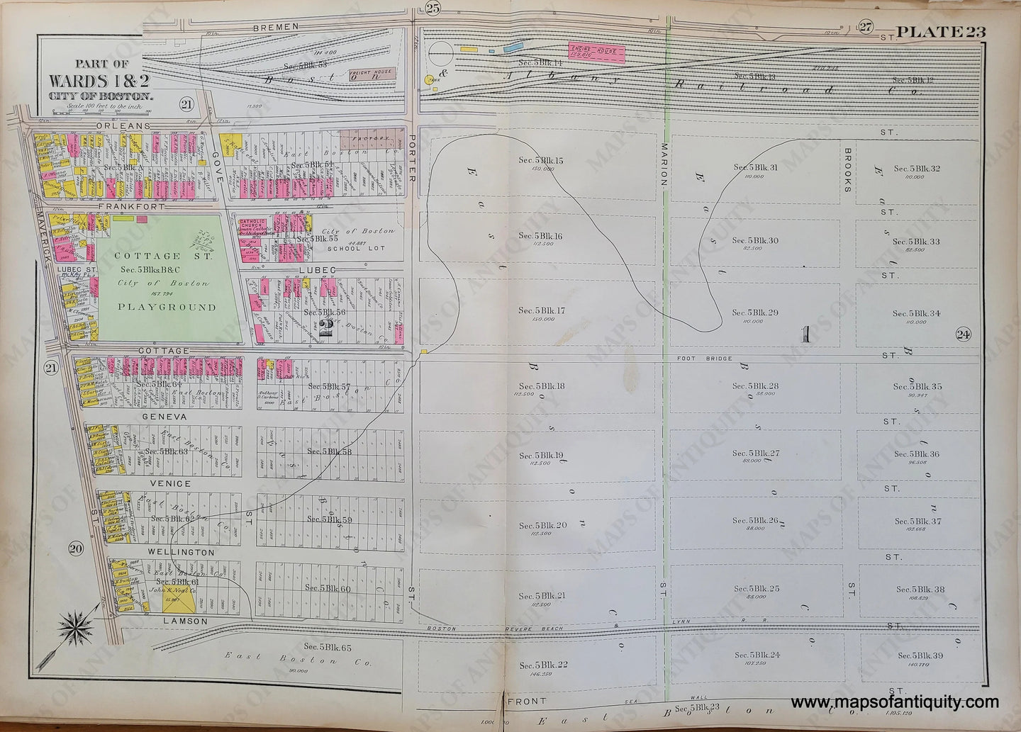 Genuine-Antique-Map-Plate-23-East-Boston---Part-of-Wards-1-2-City-of-Boston-Boston-Ward-Maps--1912-Bromley-Maps-Of-Antiquity-1800s-19th-century