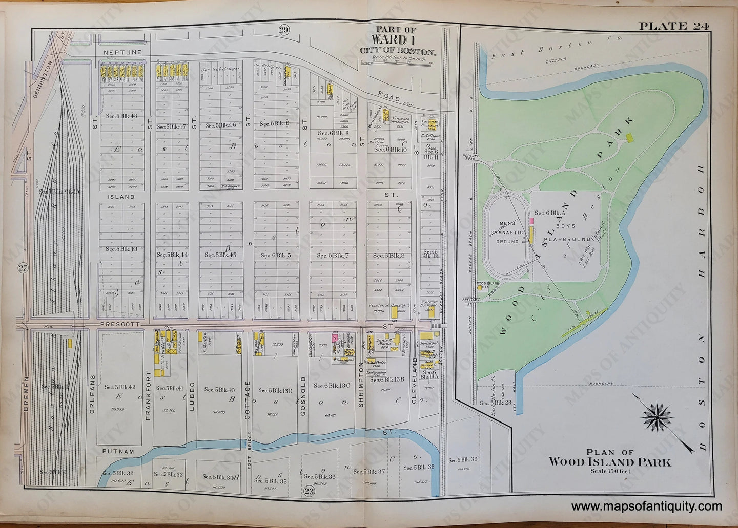 Genuine-Antique-Map-Plate-24-East-Boston---Two-maps-Part-of-Ward-1-Plan-of-Wood-Island-Park-City-of-Boston-Boston-Ward-Maps--1912-Bromley-Maps-Of-Antiquity-1800s-19th-century