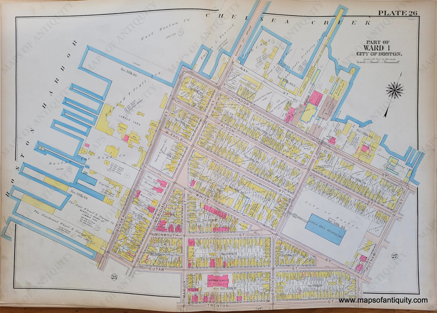 Genuine-Antique-Map-Plate-26-East-Boston---Part-of-Ward-1-City-of-Boston-Boston-Ward-Maps--1912-Bromley-Maps-Of-Antiquity-1800s-19th-century