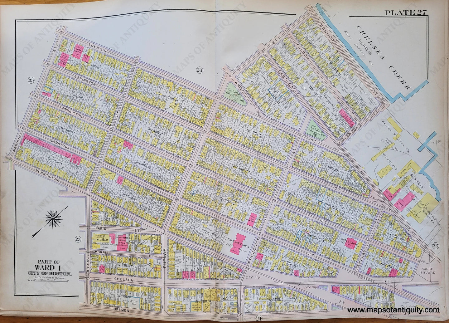Genuine-Antique-Map-Plate-27-East-Boston---Part-of-Ward-1-City-of-Boston-Boston-Ward-Maps--1912-Bromley-Maps-Of-Antiquity-1800s-19th-century