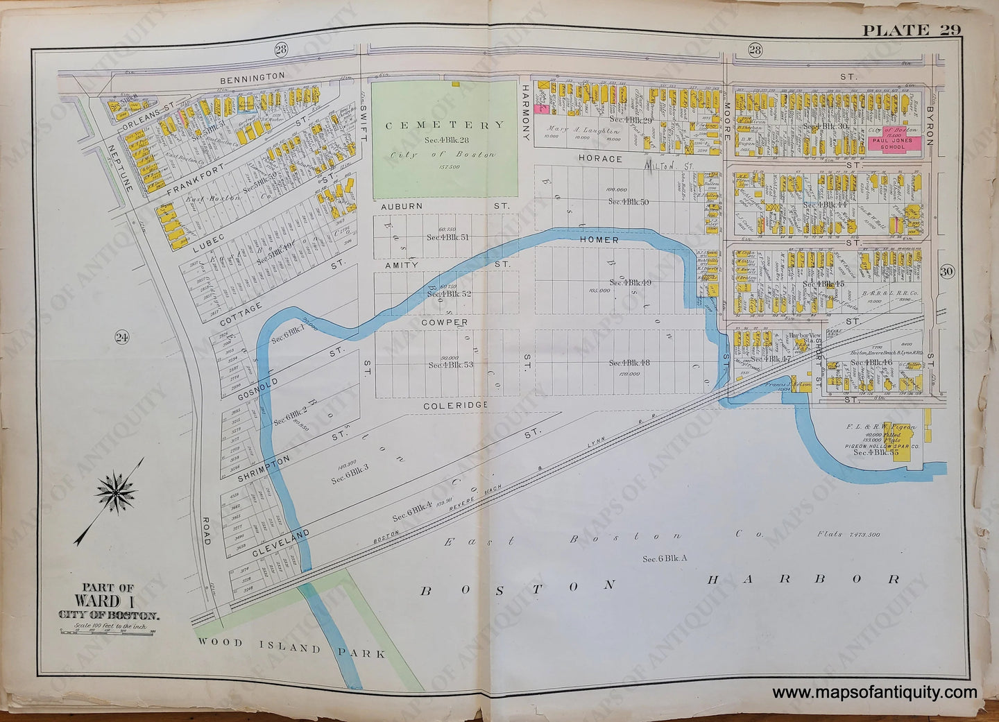 Genuine-Antique-Map-Plate-29-East-Boston---Part-of-Ward-1-City-of-Boston-Boston-Ward-Maps--1912-Bromley-Maps-Of-Antiquity-1800s-19th-century