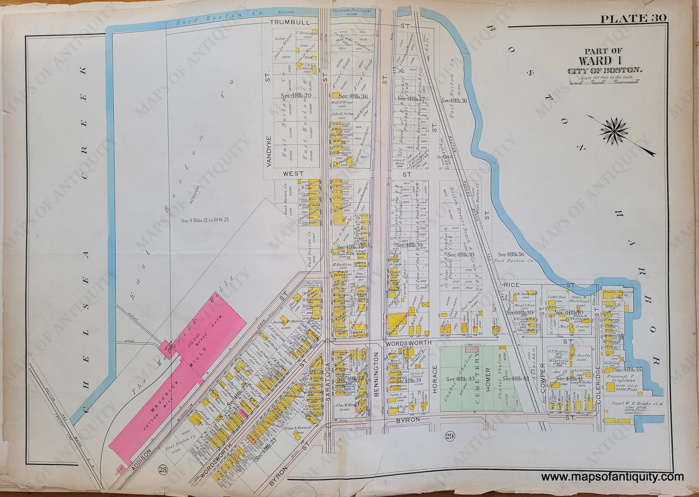 Genuine-Antique-Map-Plate-30-East-Boston---Part-of-Ward-1-City-of-Boston-Boston-Ward-Maps--1912-Bromley-Maps-Of-Antiquity-1800s-19th-century