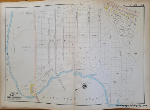 Genuine-Antique-Map-Plate-34-East-Boston---Part-of-Ward-1-City-of-Boston-Boston-Ward-Maps--1912-Bromley-Maps-Of-Antiquity-1800s-19th-century