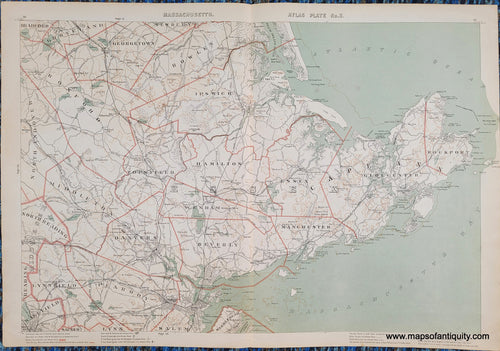 Antique-Printed-Color-Map-Massachusetts-Atlas-Plate-No.-2-(MA)-Massachusetts-Massachusetts-General-1891-G.-H.-Walker-Maps-Of-Antiquity. Original antique printed color in tones of teal green in the water and red-orange lines delineating towns.