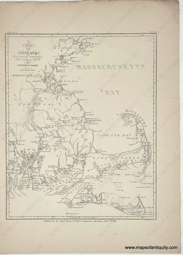 Uncolored antique map on tan toned antique paper. Shows area from Narragansett in rhode island to Cape Ann, with Cape Cod, Nantucket, Martha's Vineyard, Boston, etc. SHows coastline, modern county boundaries, and some place names in english, some in Viking, and locations of Native Americans